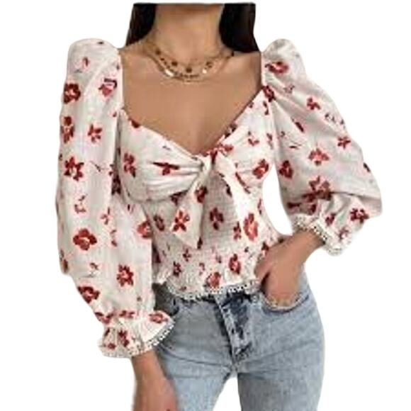 NWT Zara Linen Blend Floral Print Ruched Cream Print Blouse xs - Picture 2 of 12